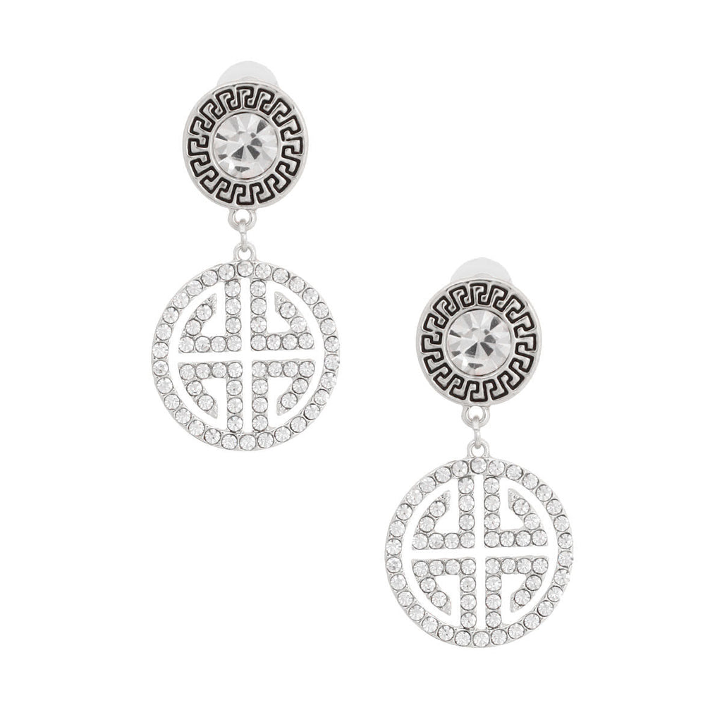 Round Silver Crystal Greek Key Earrings Stylish Statement Jewelry