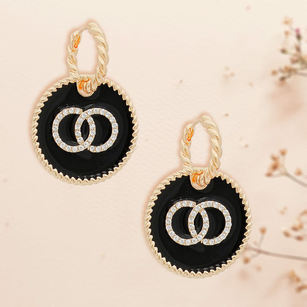 Twisted Gold Hoops with Black Infinity Charm – Stylish Statement Earrings
