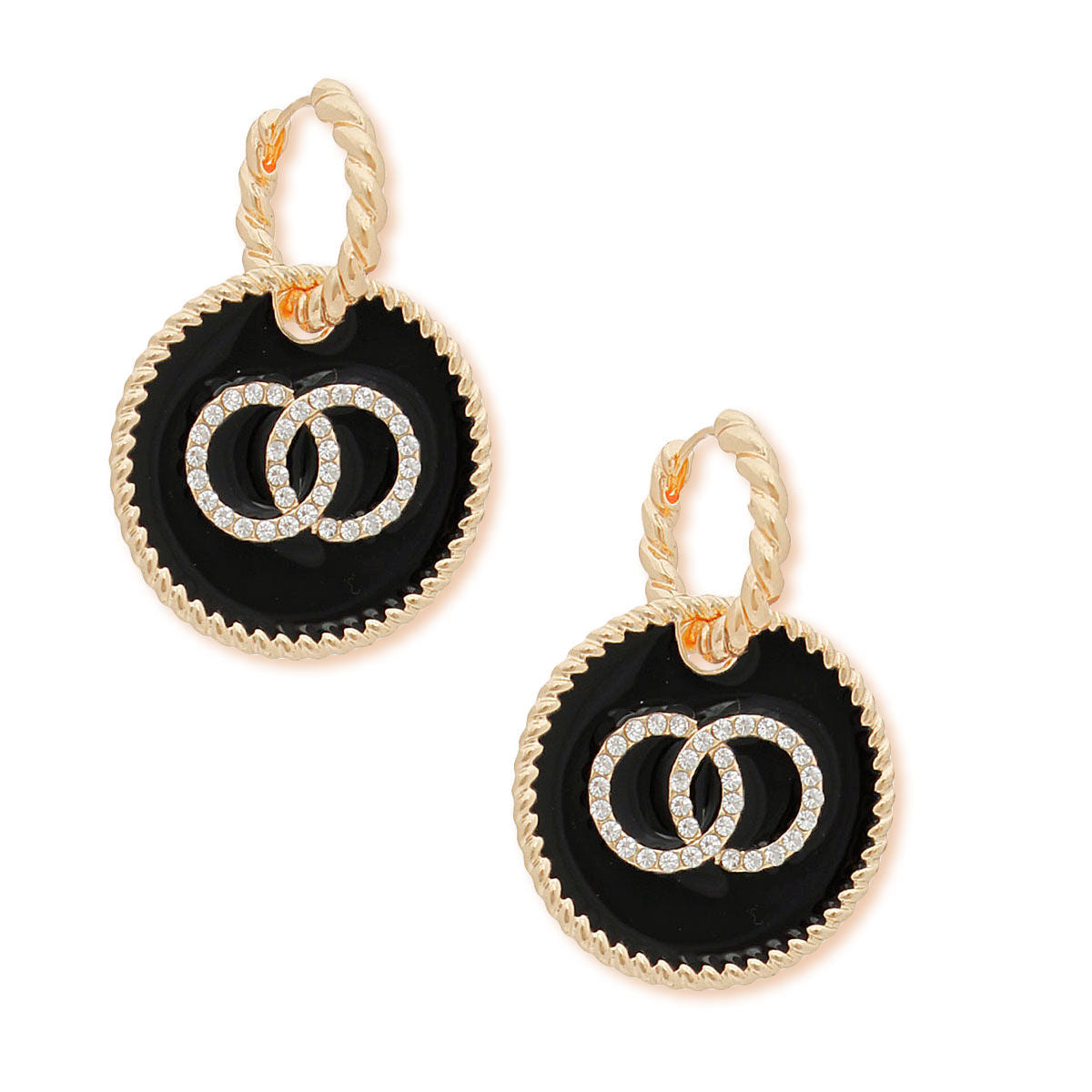 Twisted Gold Hoops with Black Infinity Charm – Stylish Statement Earrings
