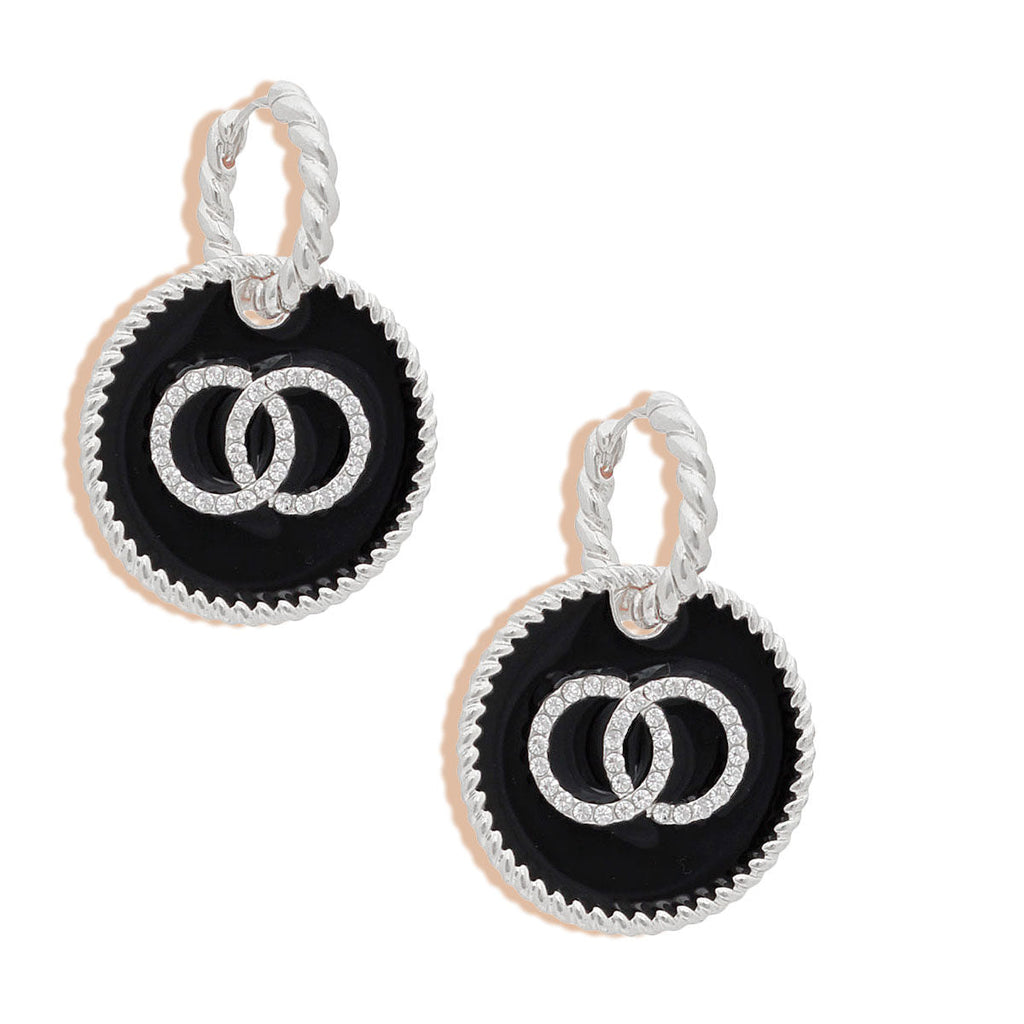 Silver Twisted Hoop Earrings with Black Infinity Charm – Stylish Statement Jewelry
