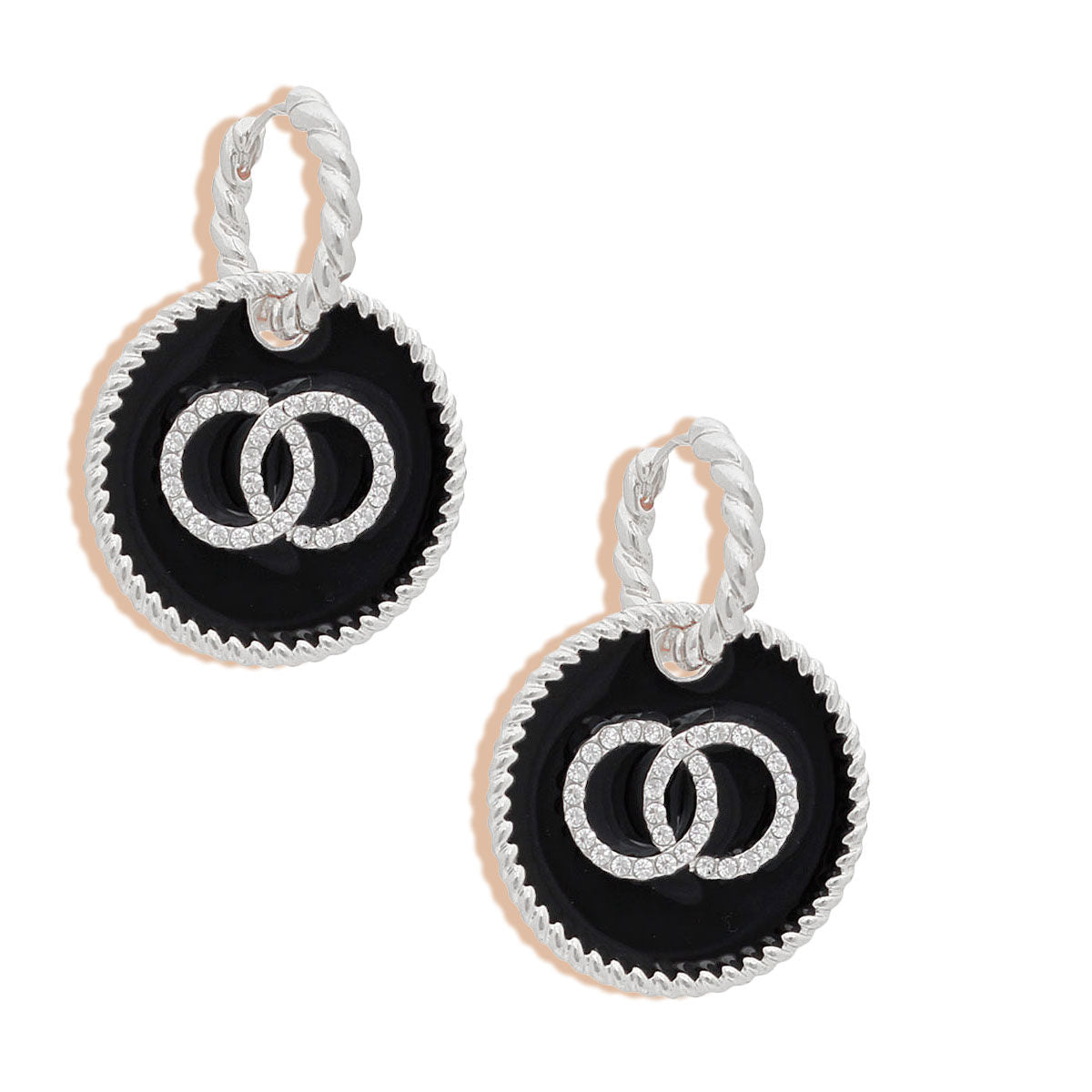 Silver Twisted Hoop Earrings with Black Infinity Charm – Stylish Statement Jewelry