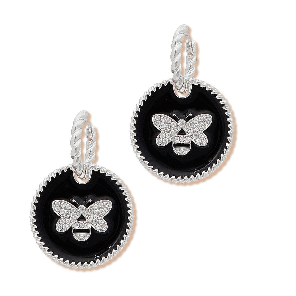 Silver Twisted Hoops with Black Bee Charm – Stylish Statement Earrings