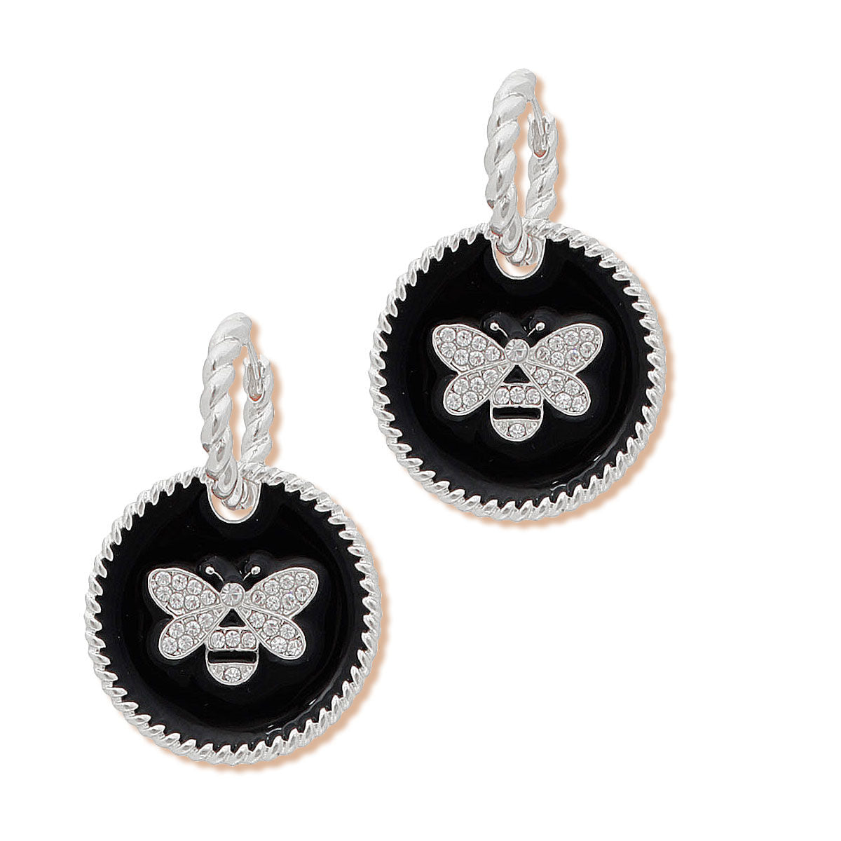 Silver Twisted Hoops with Black Bee Charm – Stylish Statement Earrings