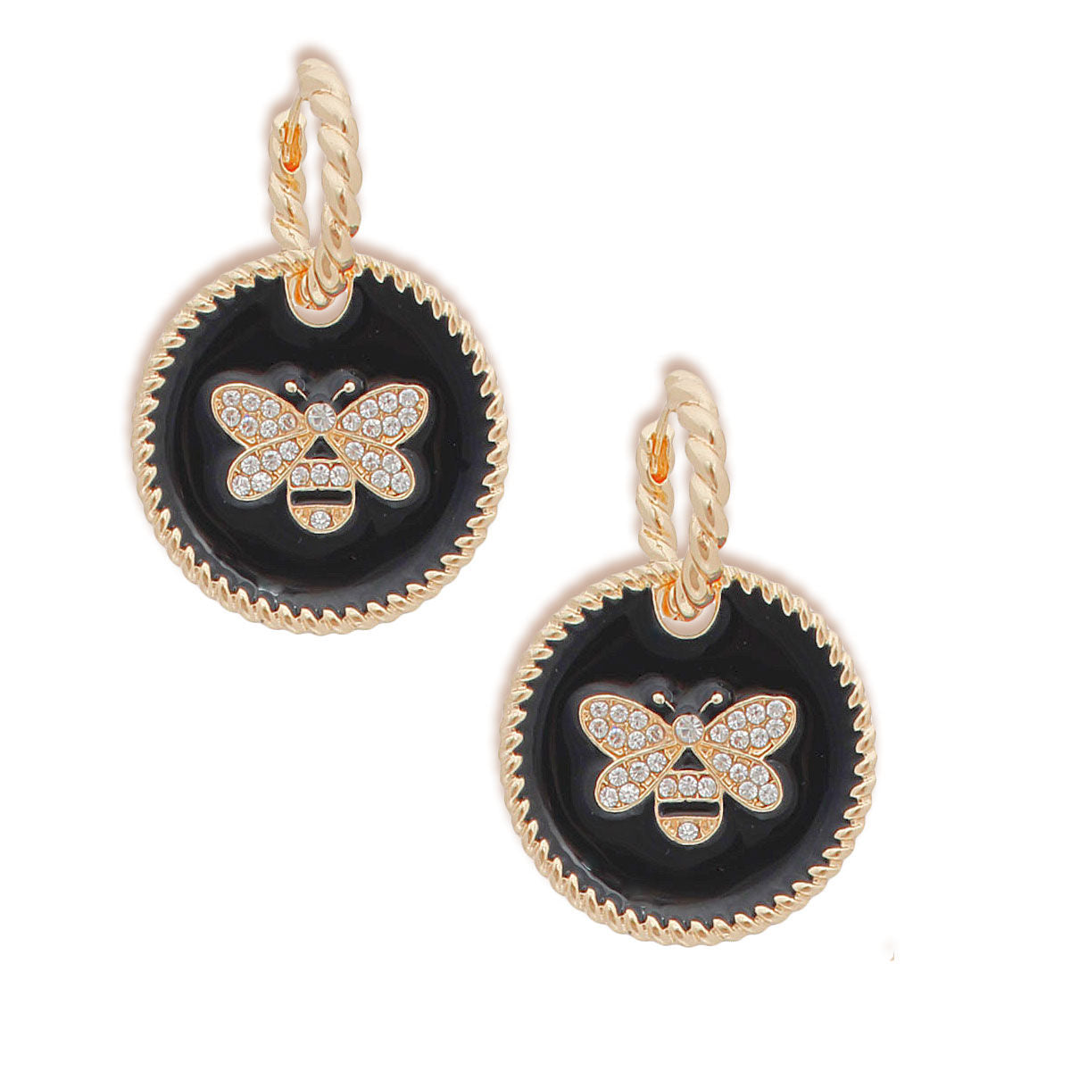 Twisted Gold Hoop Earrings with Black Bee Charm – Stylish Statement Jewelry