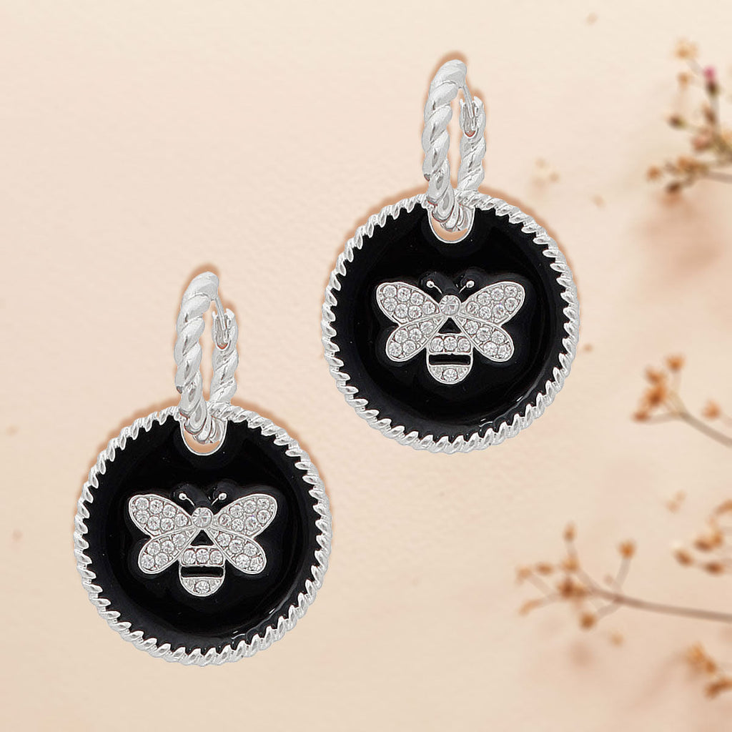 Silver Twisted Hoops with Black Bee Charm – Stylish Statement Earrings