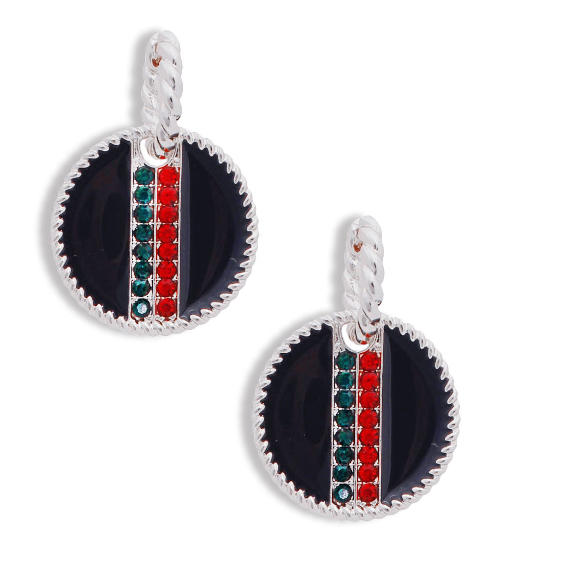 Twisted Silver Hoop Earrings with Black Stripe Charm – Stylish Statement Jewelry