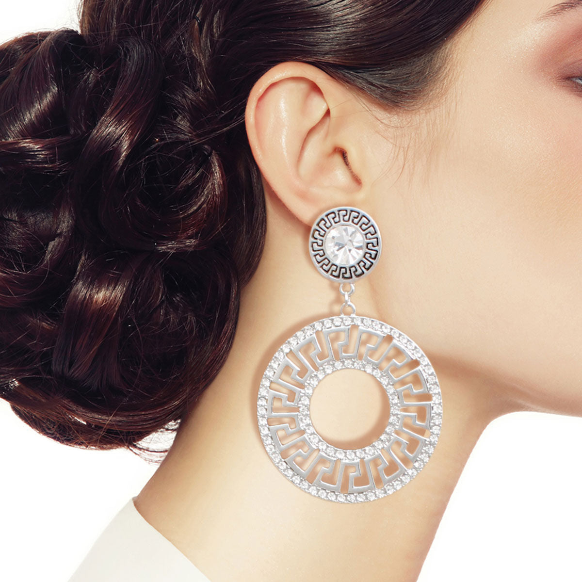 Silver Rhinestone Greek Key Statement Earrings, 3 Inches, Stylish Fashion Jewelry