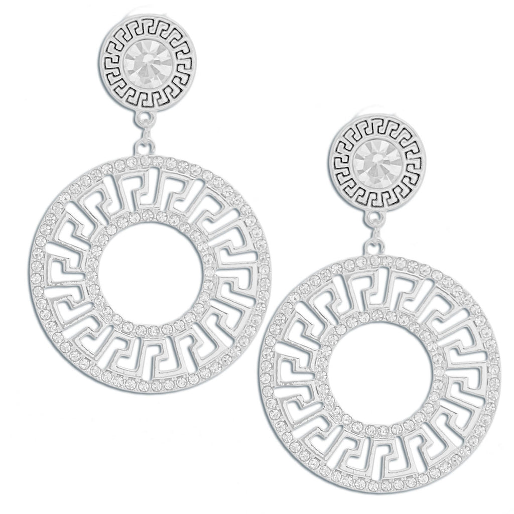 Silver Rhinestone Greek Key Statement Earrings, 3 Inches, Stylish Fashion Jewelry