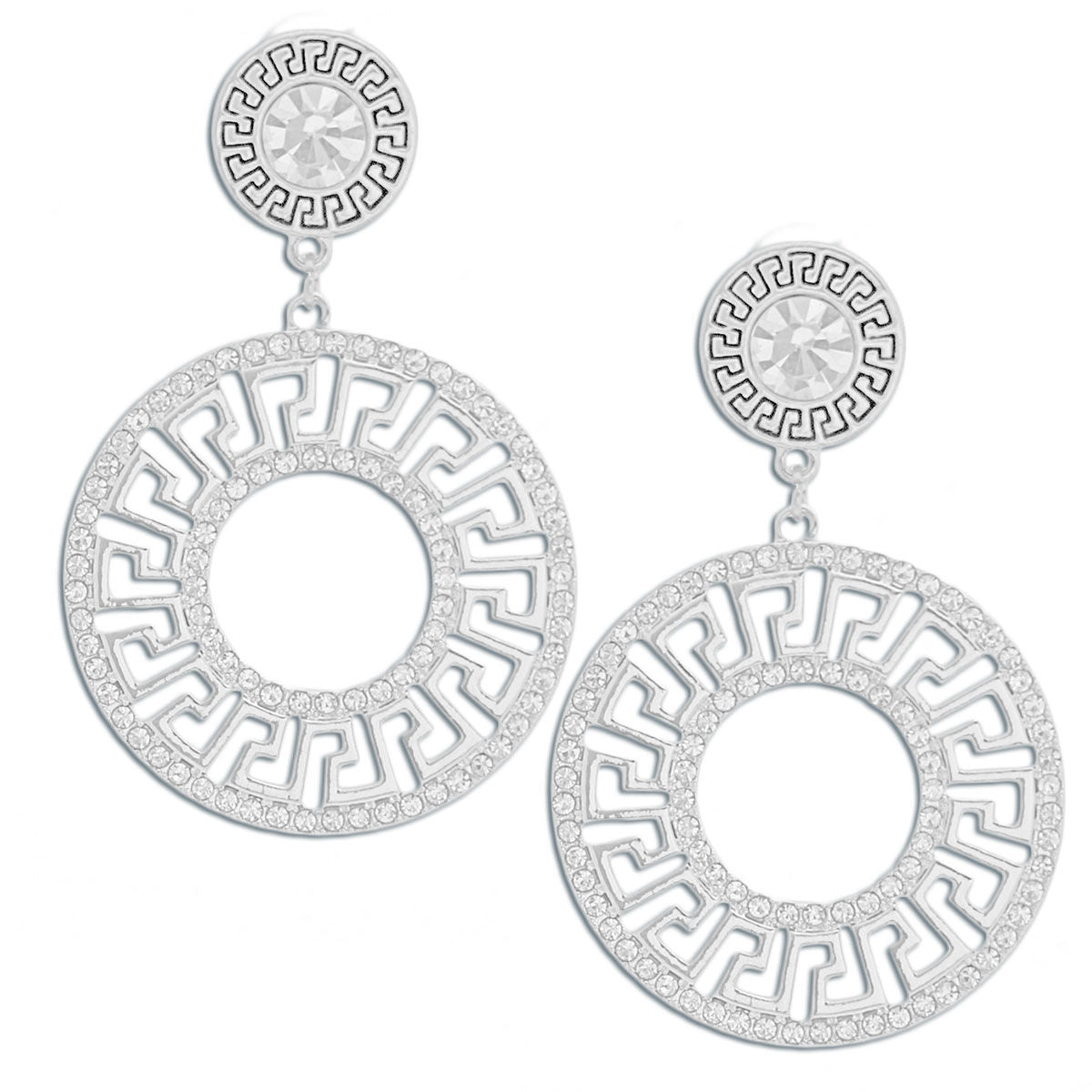 Silver Rhinestone Greek Key Statement Earrings, 3 Inches, Stylish Fashion Jewelry