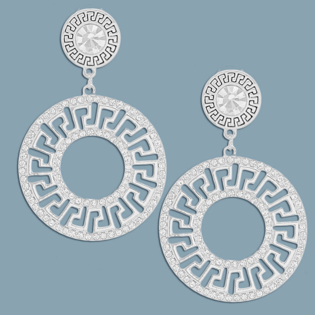 Silver Rhinestone Greek Key Statement Earrings, 3 Inches, Stylish Fashion Jewelry