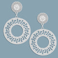 Silver Rhinestone Greek Key Statement Earrings, 3 Inches, Stylish Fashion Jewelry