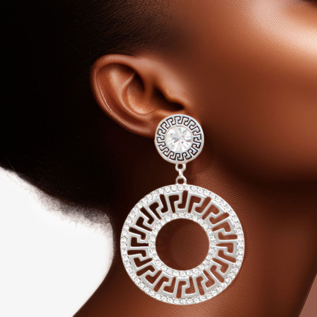 Silver Rhinestone Greek Key Statement Earrings, 3 Inches, Stylish Fashion Jewelry