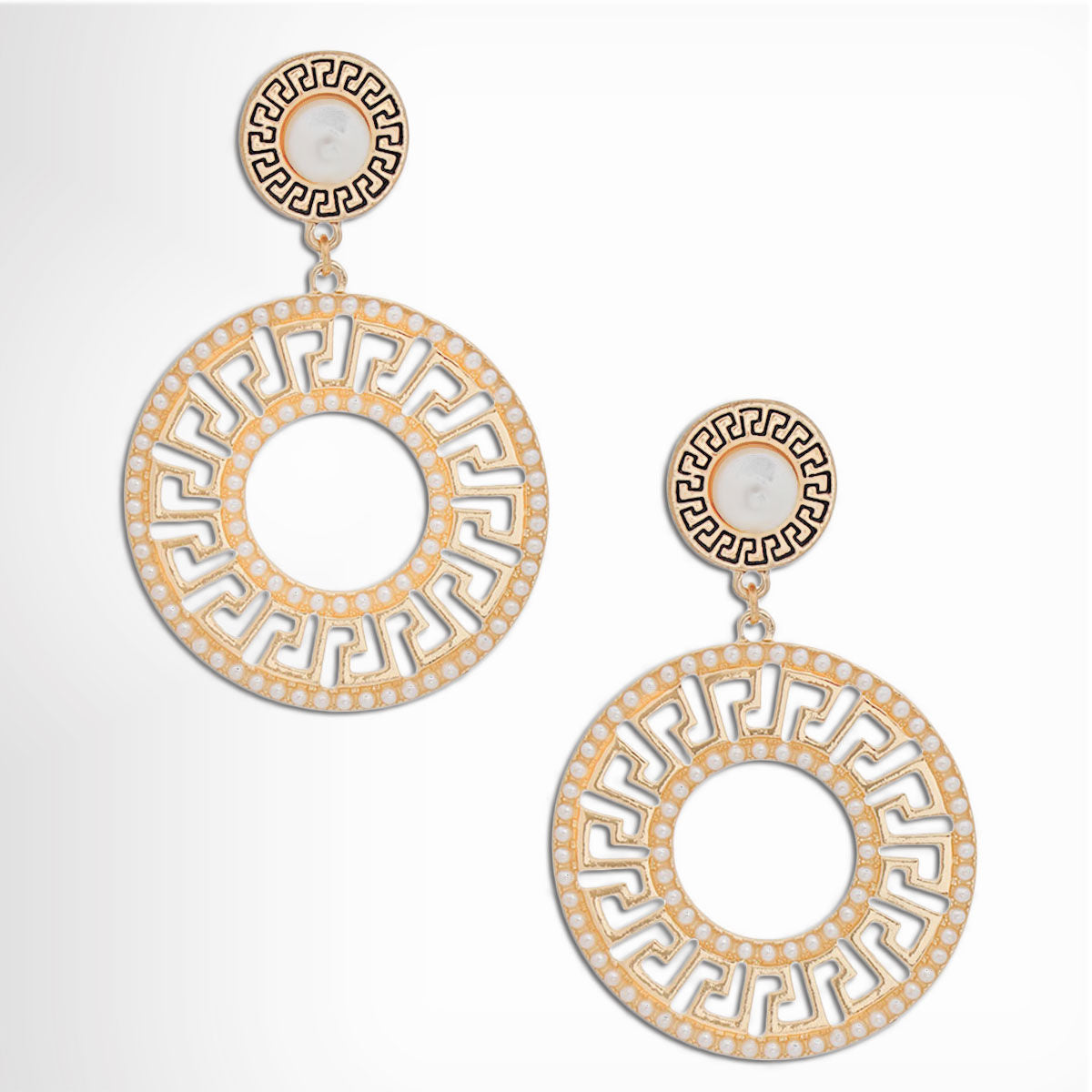 Gold Pearl Greek Key Statement Earrings Elegant Fashion Jewelry