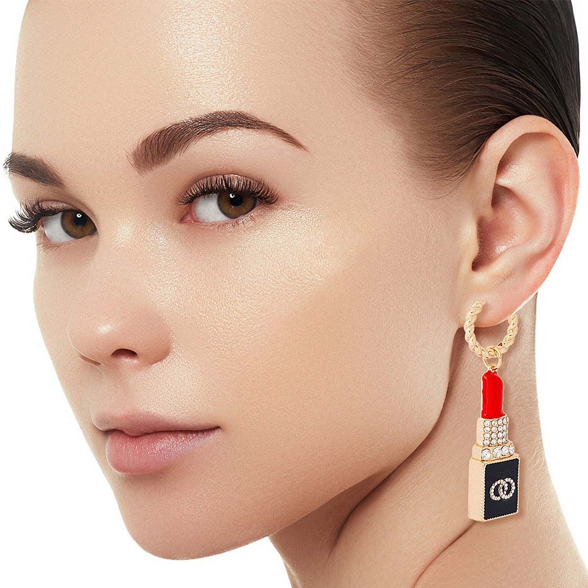 Hoop Earrings with Gold Lipstick Charm – Trendy Fashion Jewelry