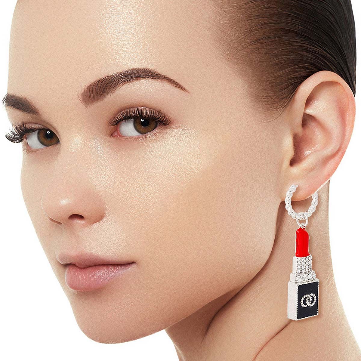 Hoop Earrings with Silver Lipstick Charm Trendy Fashion Jewelry