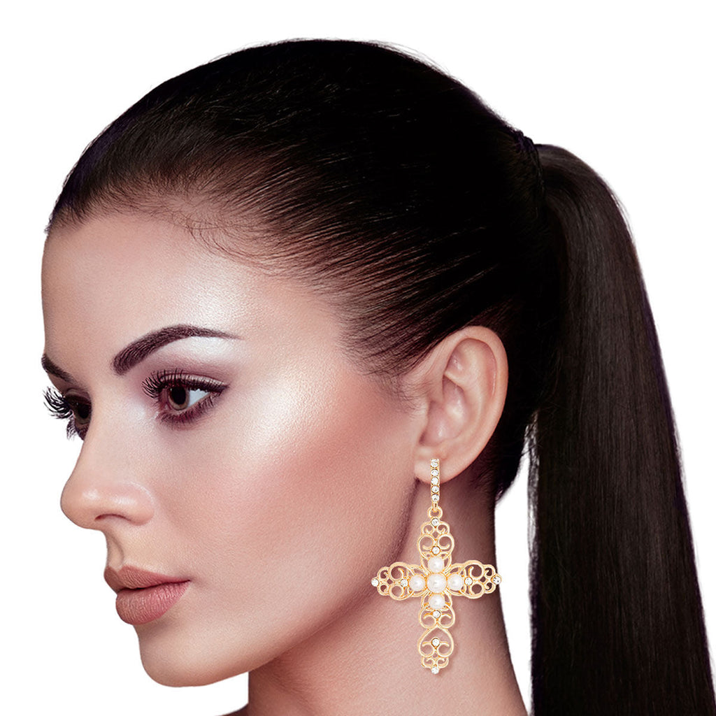 Filigree Cross Earrings Cream Stylish Elegant Jewelry Accessory