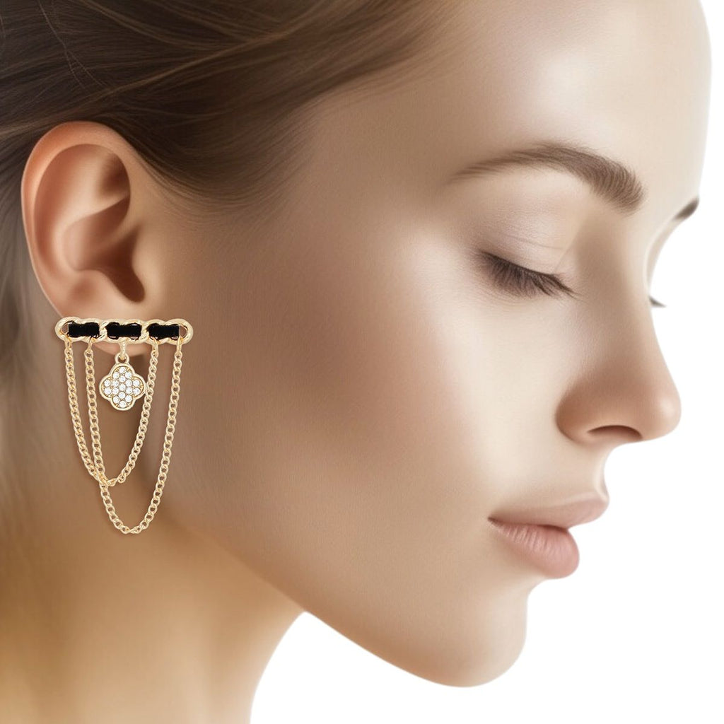 Gold Clover Stud Earrings with Woven Drape Chain – Stylish Statement Jewelry