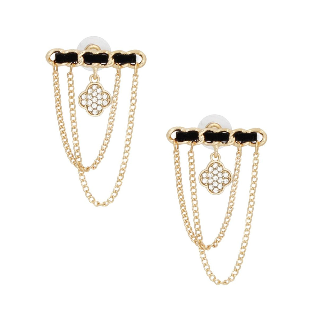 Gold Clover Stud Earrings with Woven Drape Chain – Stylish Statement Jewelry
