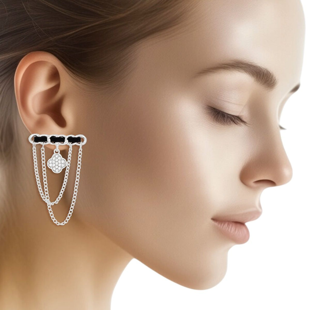 Silver Clover Stud Earrings with Woven Drape Chain – Stylish Statement Jewelry