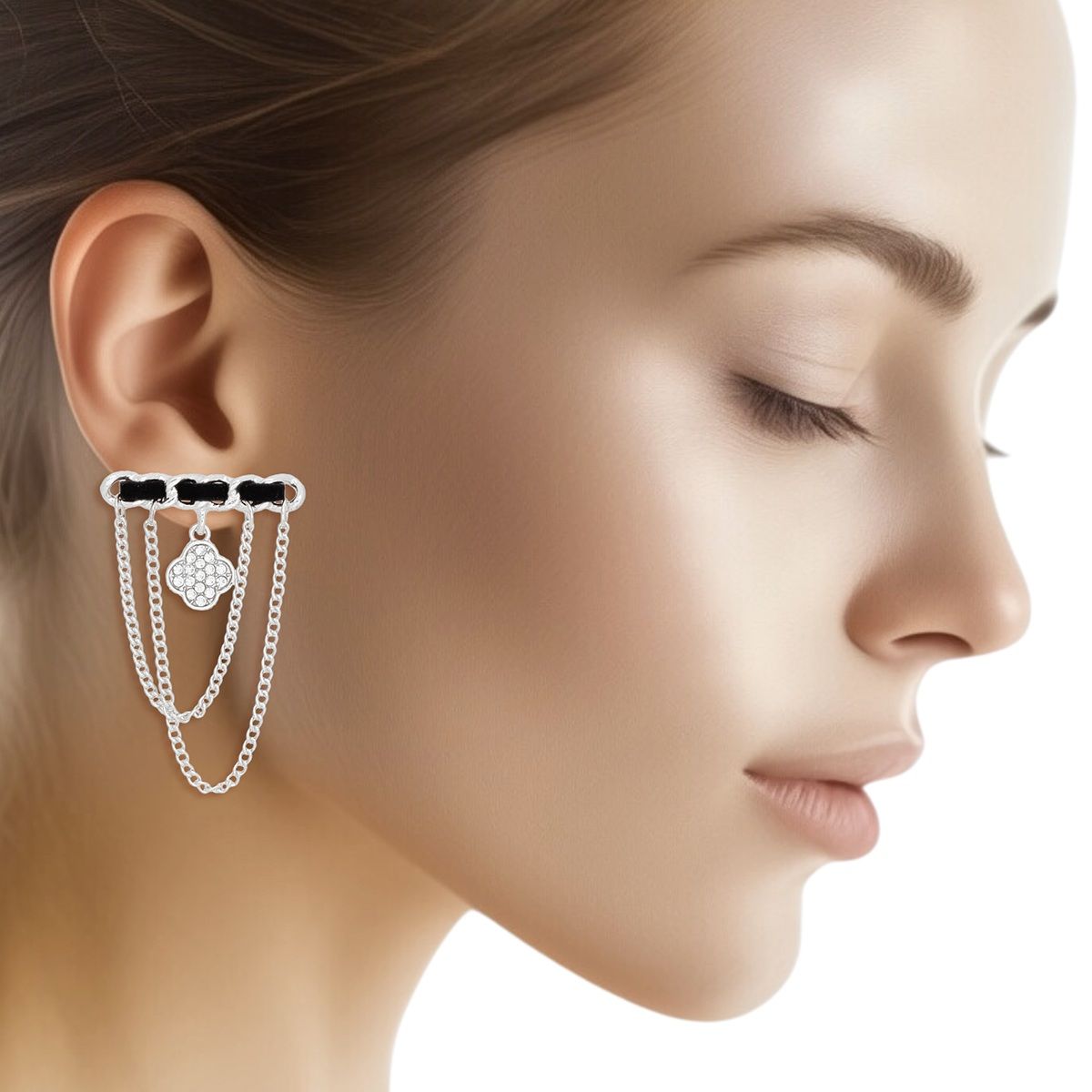 Silver Clover Stud Earrings with Woven Drape Chain – Stylish Statement Jewelry