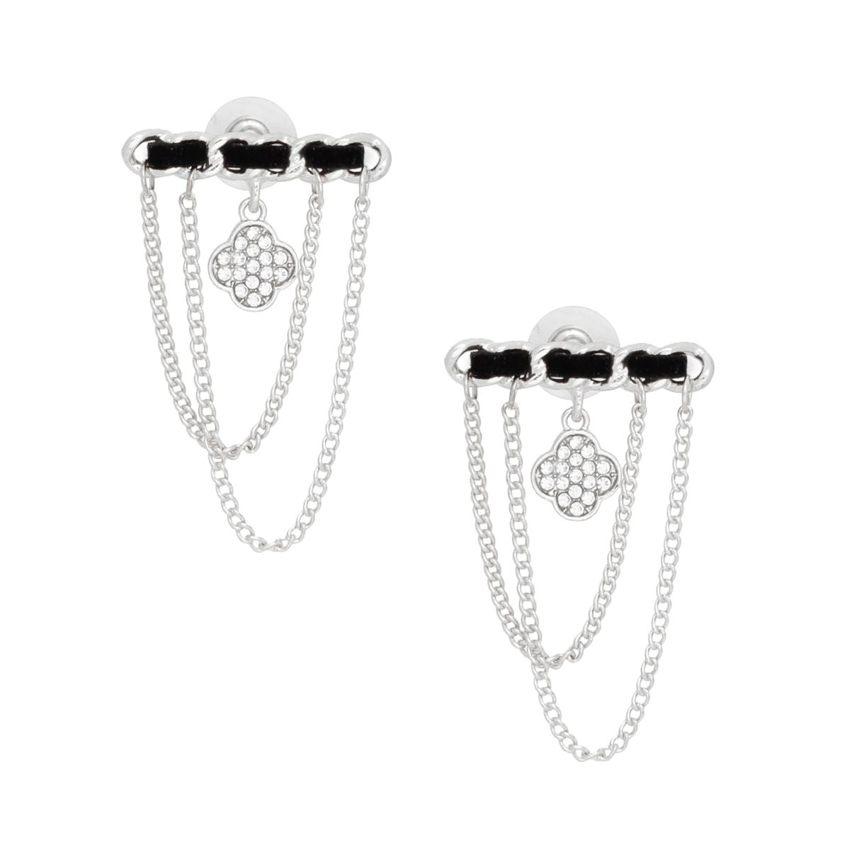 Silver Clover Stud Earrings with Woven Drape Chain – Stylish Statement Jewelry