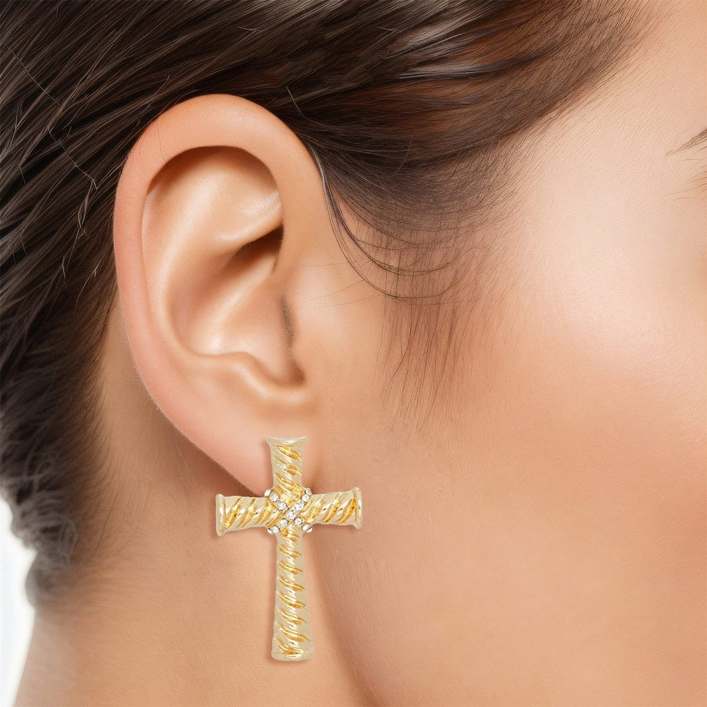 Women’s Gold Stud Cross Earrings Ridged Texture Stylish Chic Jewelry