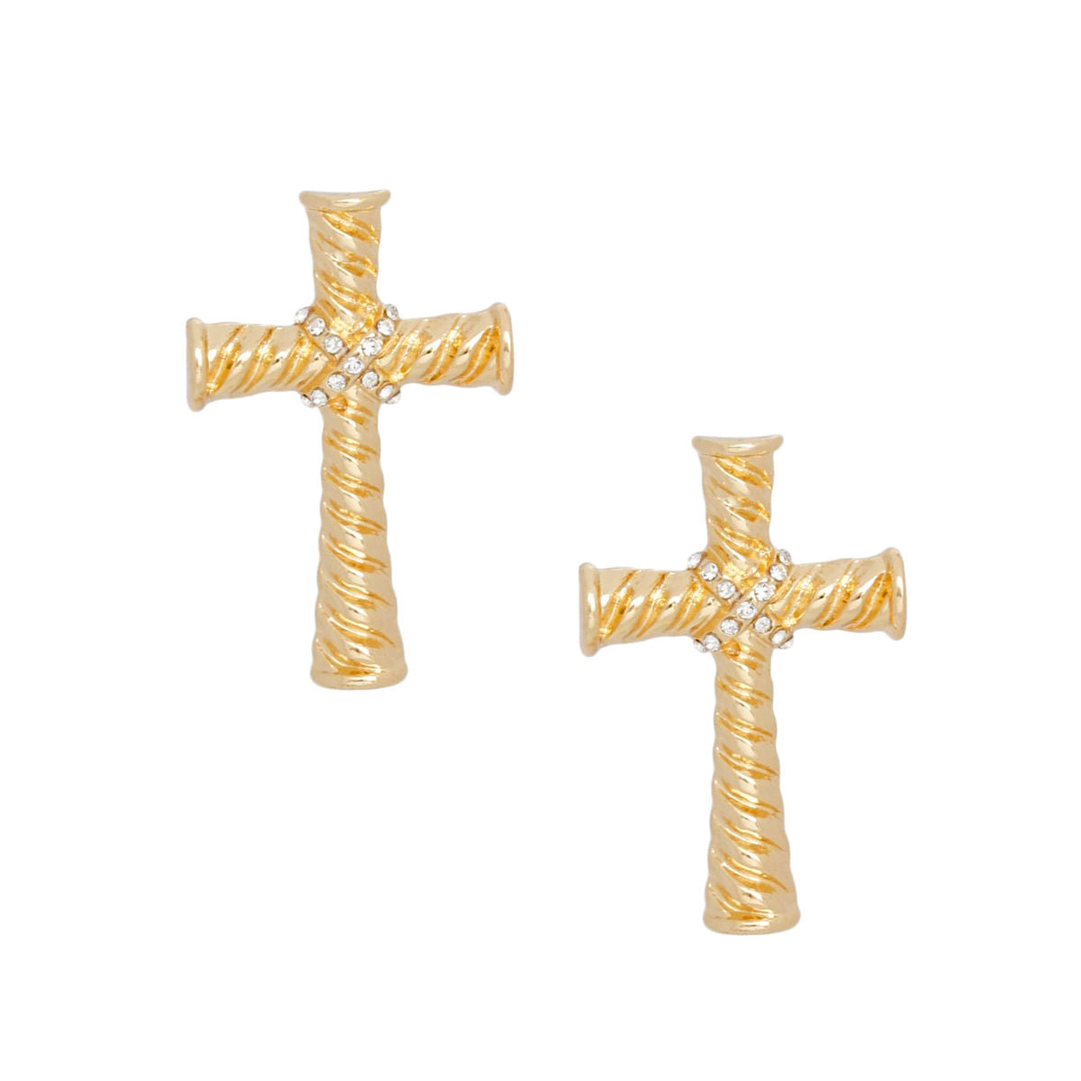 Women’s Gold Stud Cross Earrings Ridged Texture Stylish Chic Jewelry