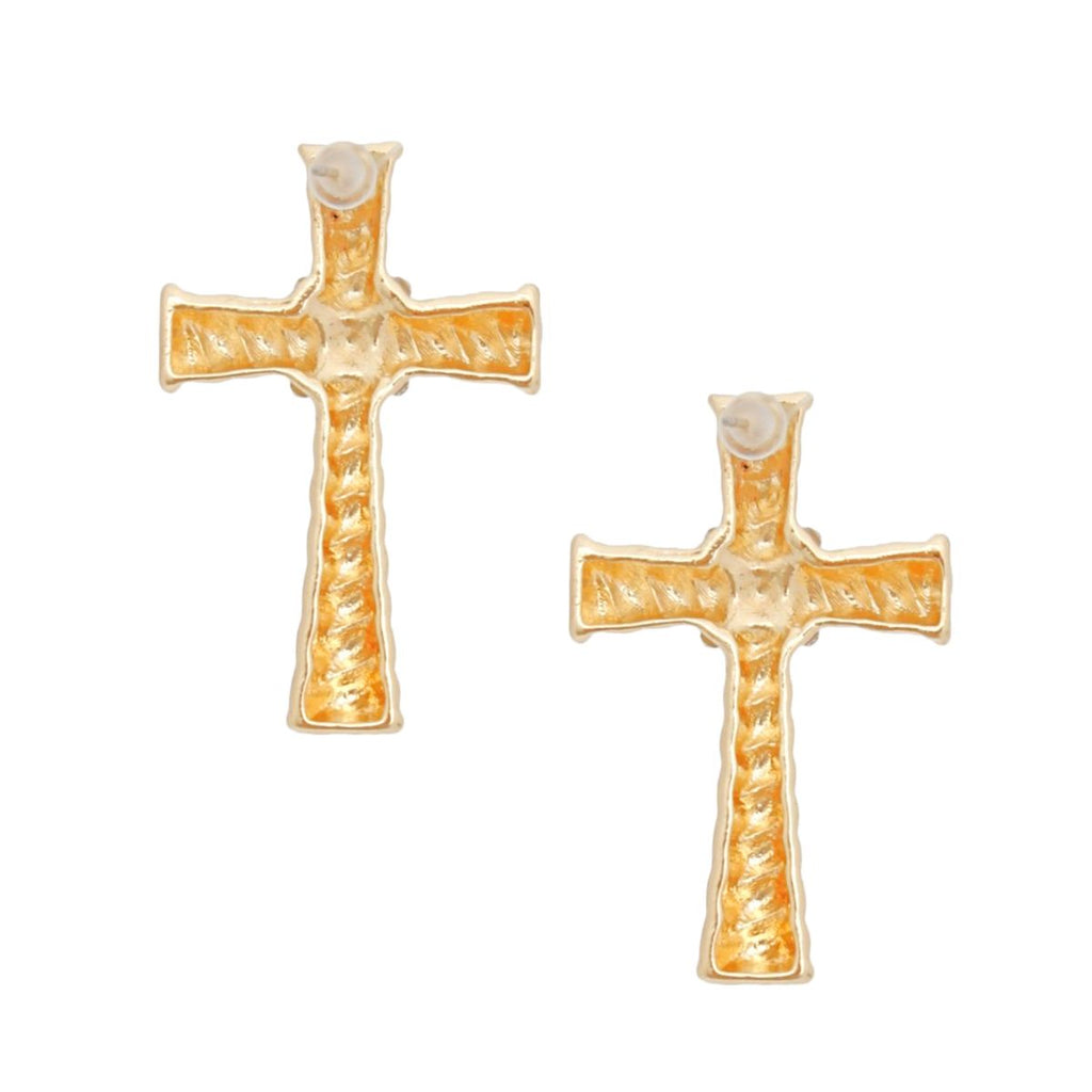 Women’s Gold Stud Cross Earrings Ridged Texture Stylish Chic Jewelry