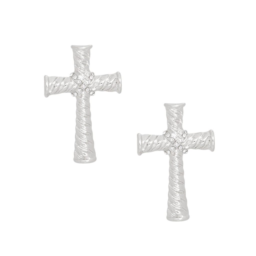 Women’s Silver Stud Earrings Ridged Texture Stylish Cross Design