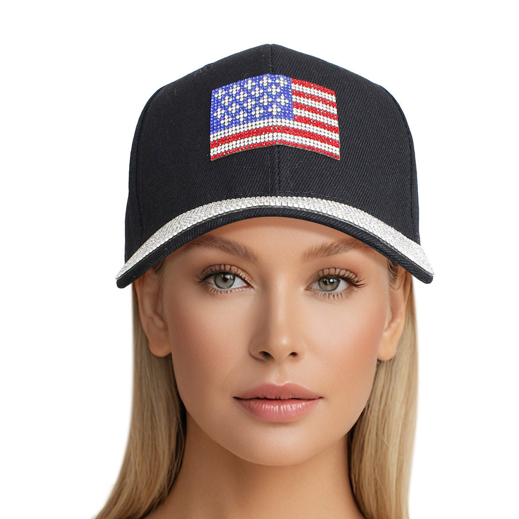 Women’s Black Canvas Baseball Cap with American Flag – Trendy Casual Hat