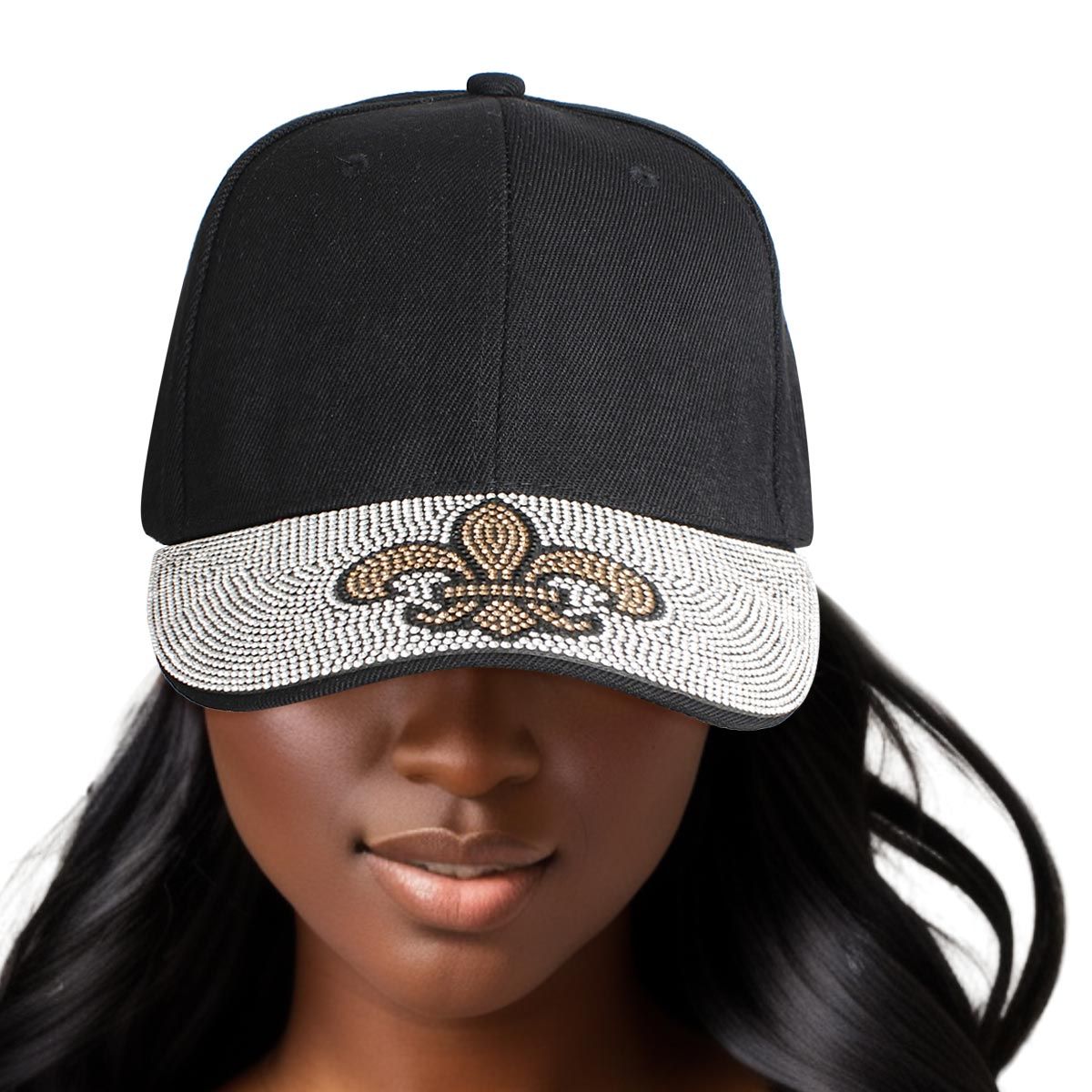 Women’s Black Baseball Cap with Fleur de Lis Bling – Stylish Casual Hat