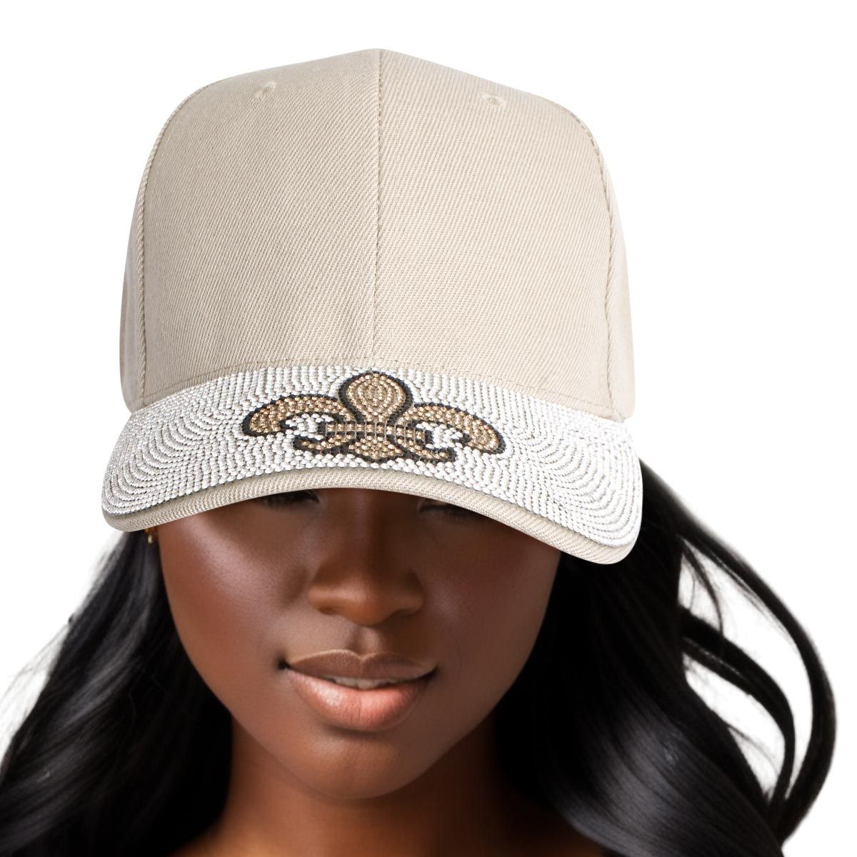 Women’s Khaki Baseball Cap with Fleur de Lis Bling – Stylish Casual Hat