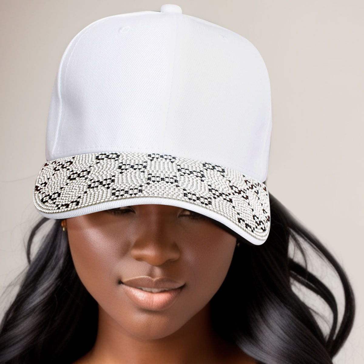 Women’s White Baseball Cap with Monogram Bling – Trendy Casual Hat