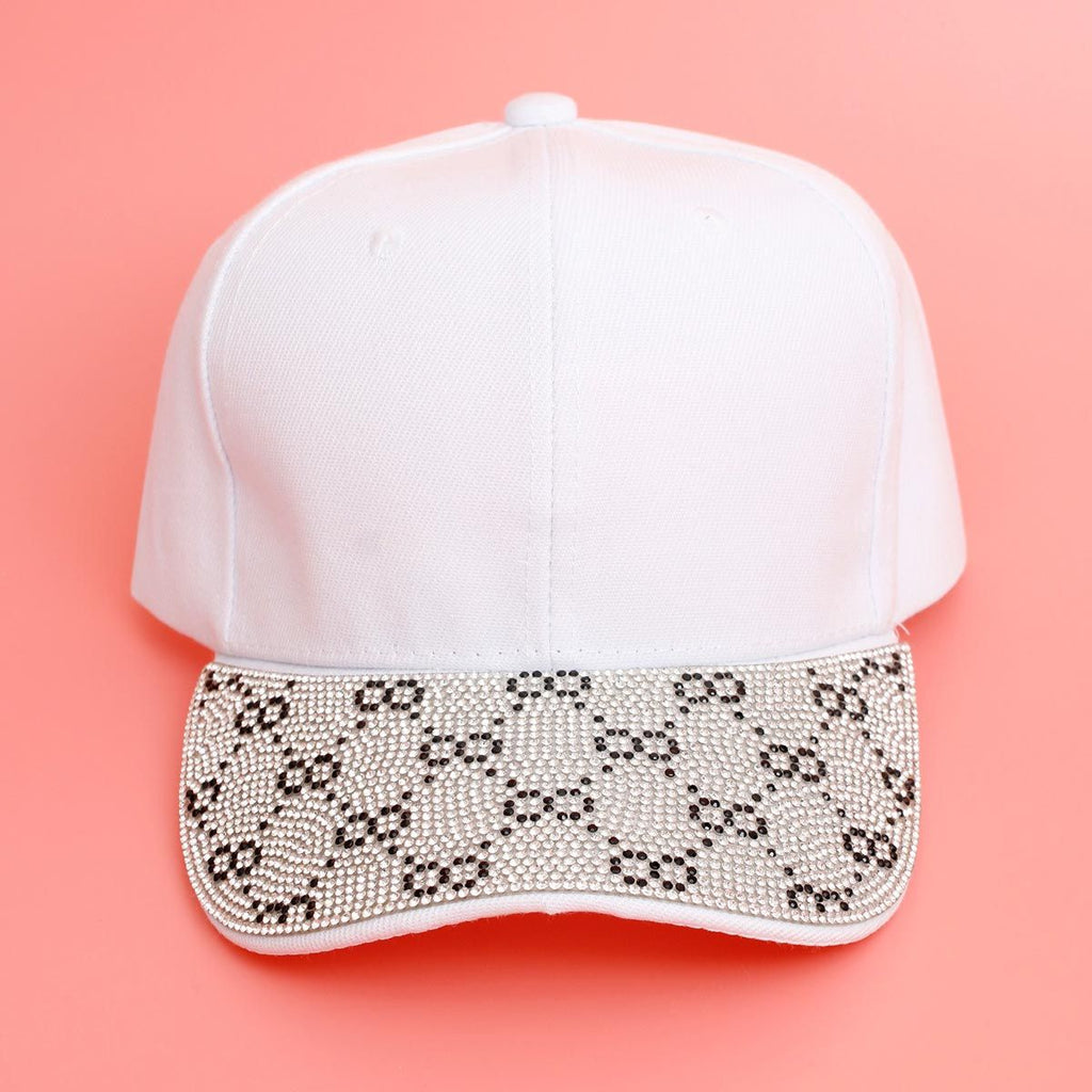 Women’s White Baseball Cap with Monogram Bling – Trendy Casual Hat