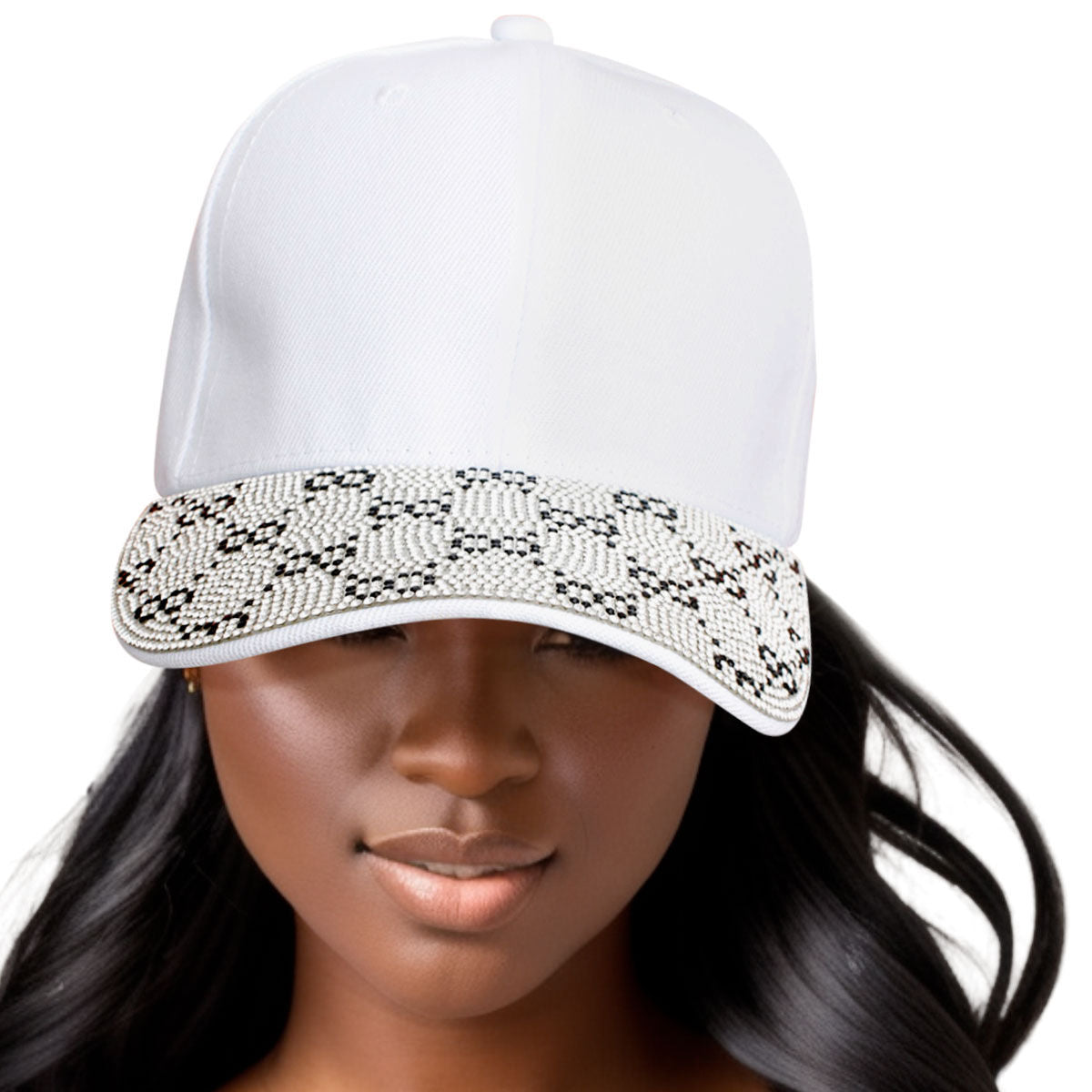 Women’s White Baseball Cap with Monogram Bling – Trendy Casual Hat