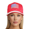 Women’s Red Satin Baseball Cap with American Flag – Stylish Casual Hat