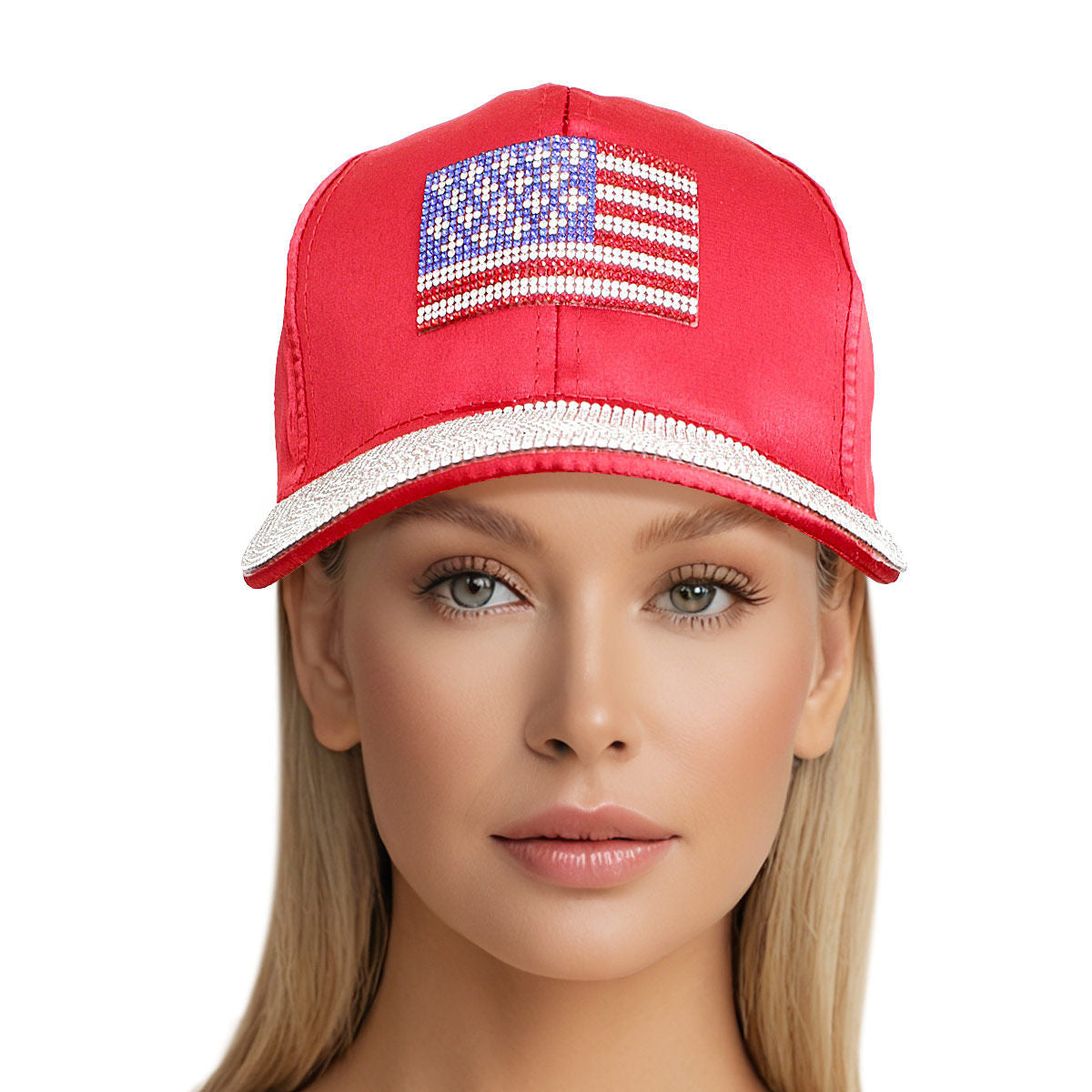 Women’s Red Satin Baseball Cap with American Flag – Stylish Casual Hat