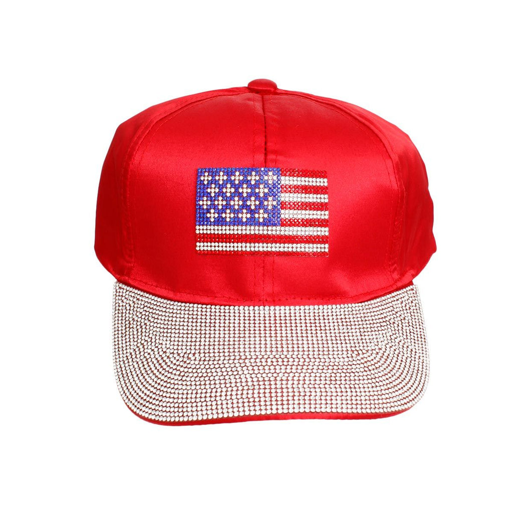 Women’s Red Satin Baseball Cap with American Flag – Stylish Casual Hat