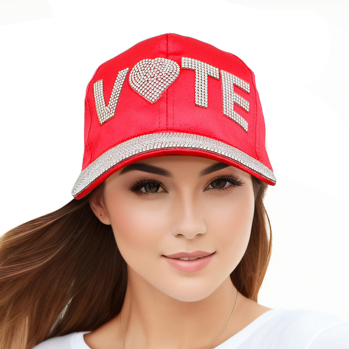 Women’s Rhinestone Baseball Cap Red Satin VOTE Stylish Hat