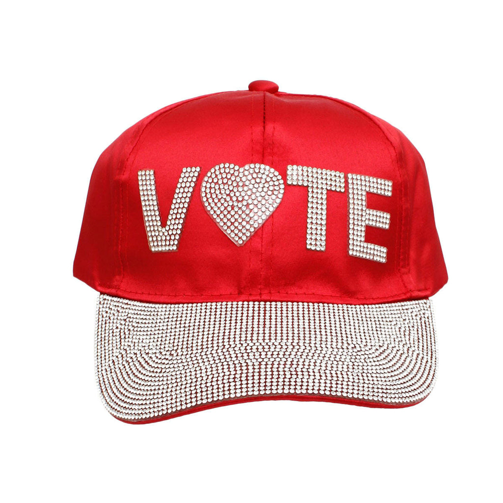 Women’s Rhinestone Baseball Cap Red Satin VOTE Stylish Hat