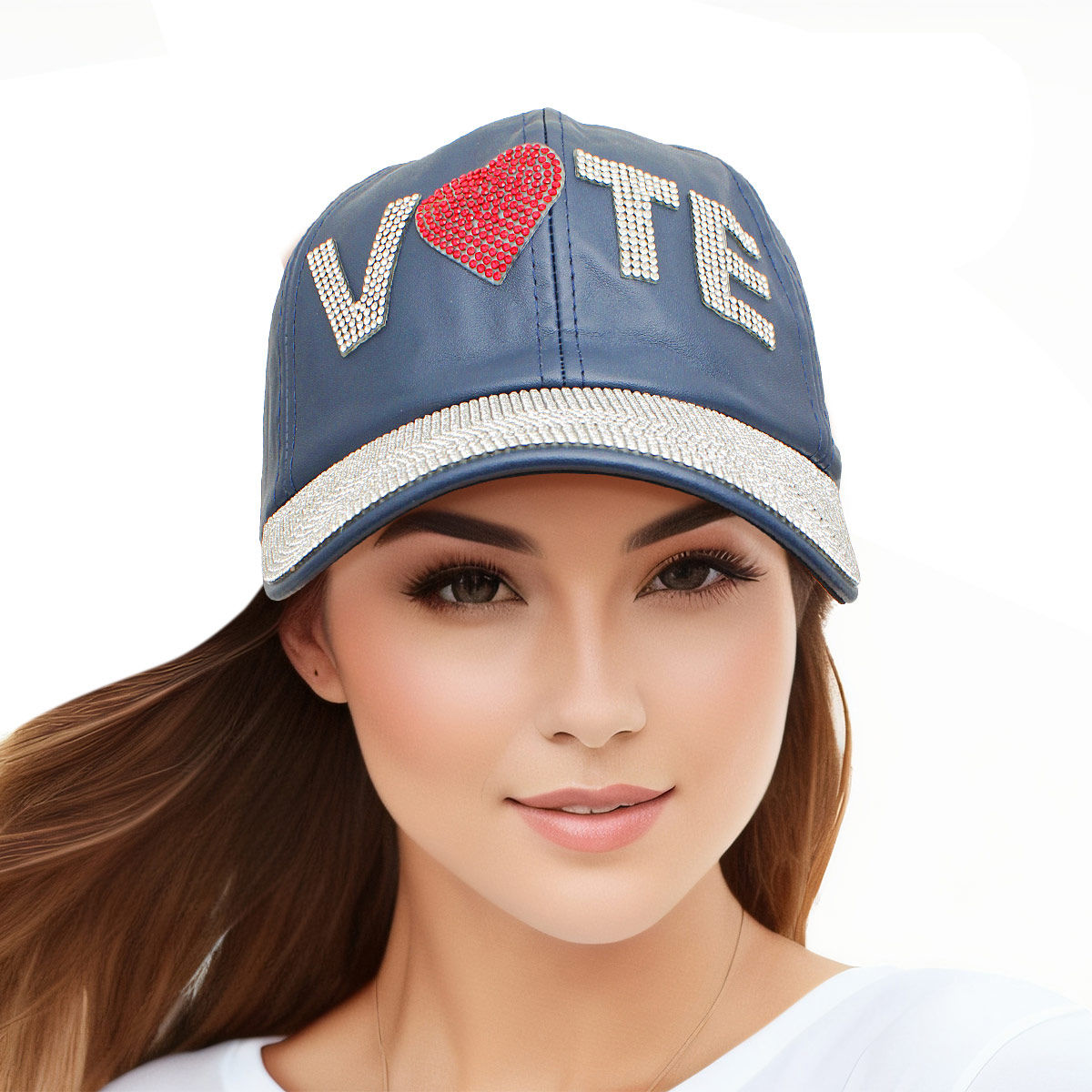 Baseball Cap Navy Leather VOTE Rhinestone Stylish Casual Hat