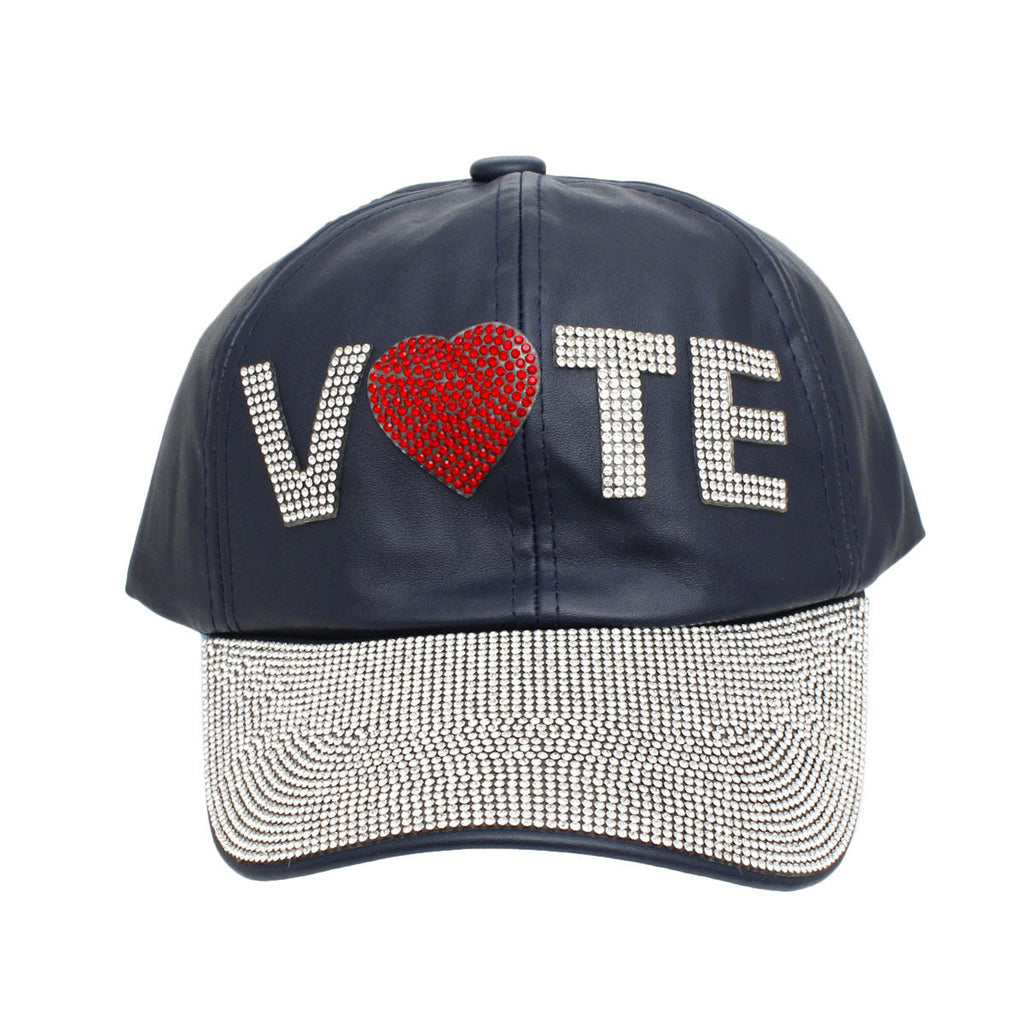 Baseball Cap Navy Leather VOTE Rhinestone Stylish Casual Hat