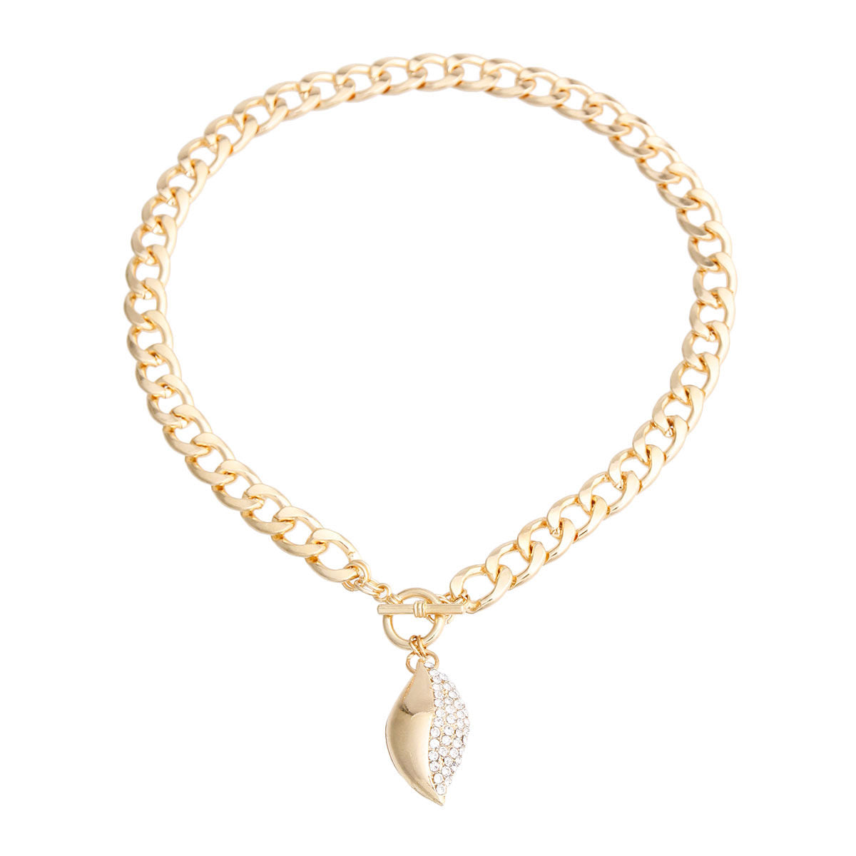 Charm Necklace Gold Curved Oval Pave Stylish Elegant Jewelry