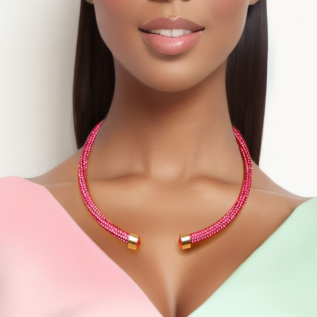Statement Rhinestone Wrap Choker Necklace Pink Stylish Fashion Jewelry