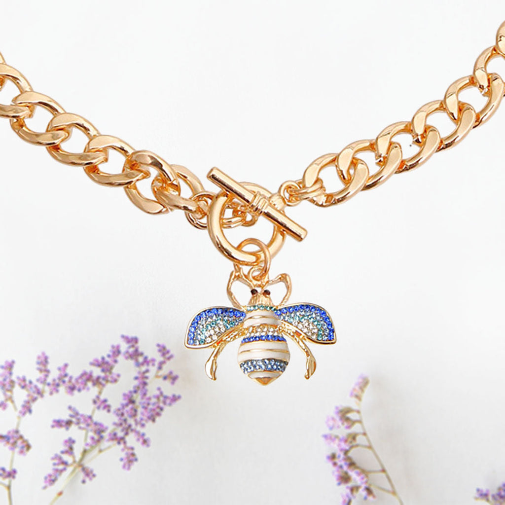 Statement Necklace with Bee Charm Toggle and 1.5 Inch Pendant, Trendy Jewelry Accessory