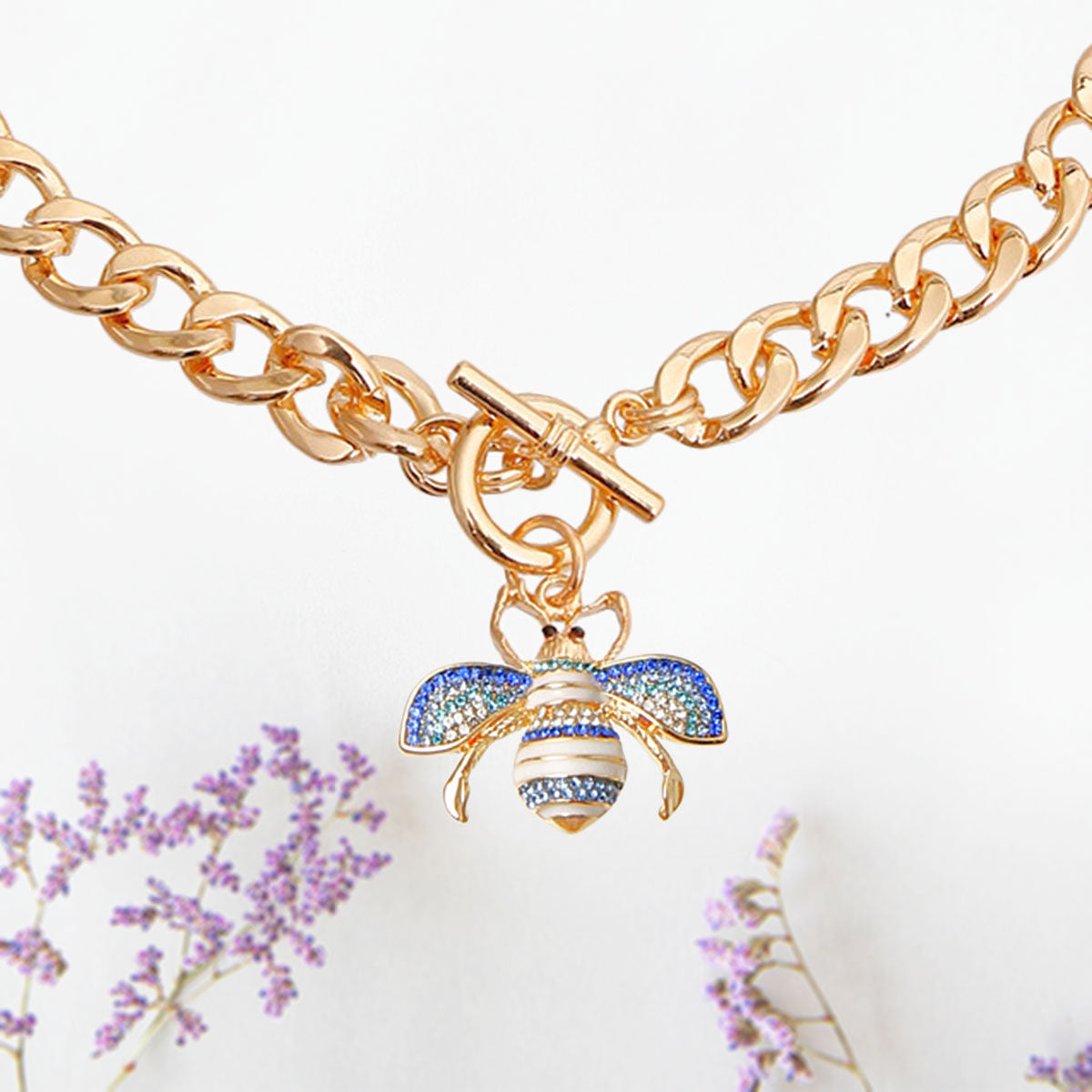Statement Necklace with Bee Charm Toggle and 1.5 Inch Pendant, Trendy Jewelry Accessory