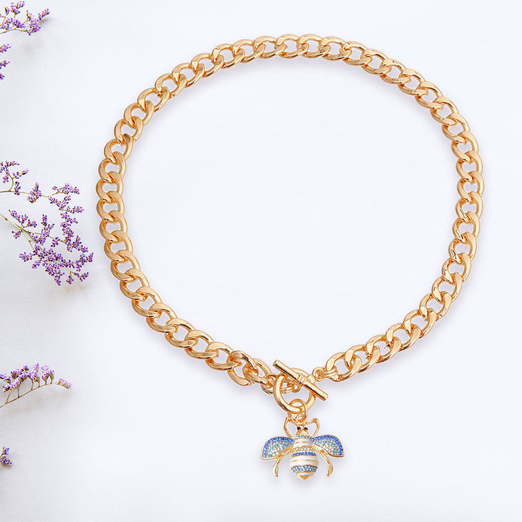 Statement Necklace with Bee Charm Toggle and 1.5 Inch Pendant, Trendy Jewelry Accessory