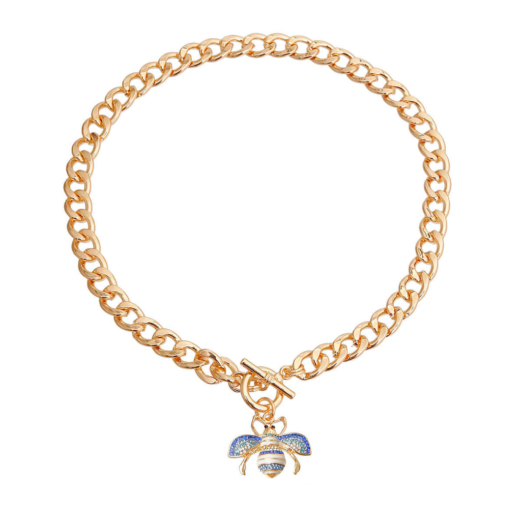 Statement Necklace with Bee Charm Toggle and 1.5 Inch Pendant, Trendy Jewelry Accessory