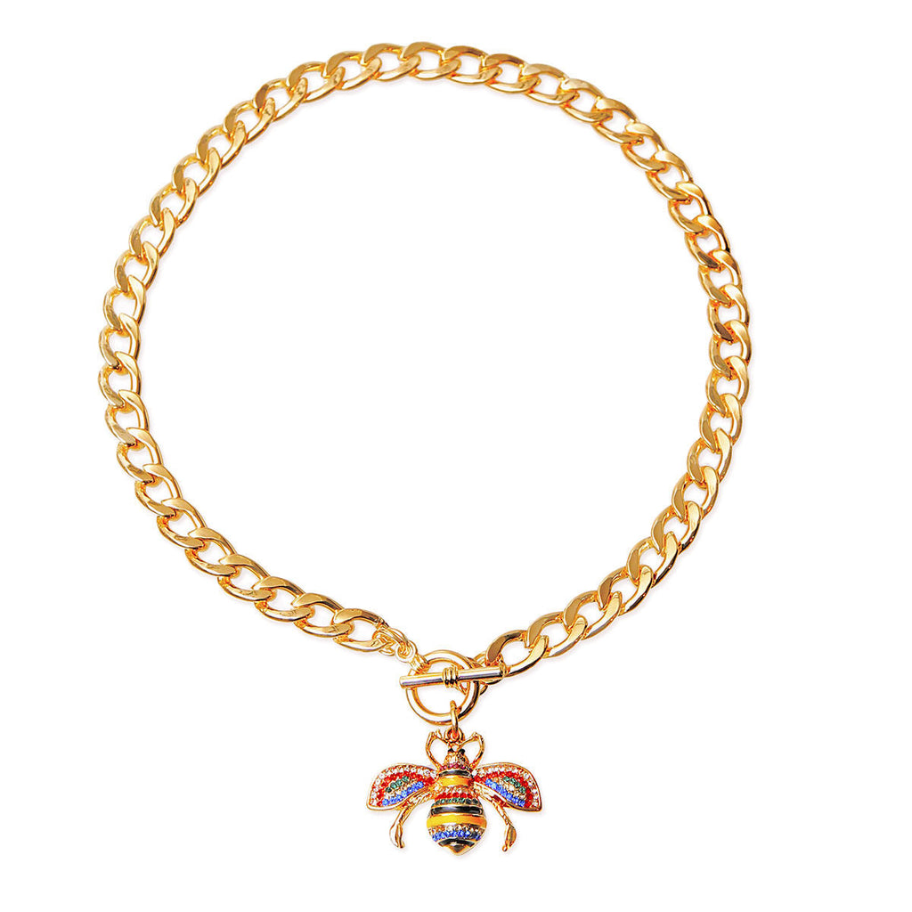 Statement Toggle Necklace with Multicolored Rhinestone Bee Accent, Trendy Fashion Jewelry