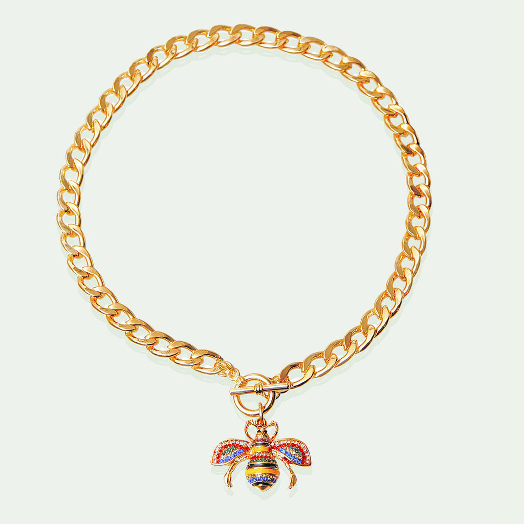 Statement Toggle Necklace with Multicolored Rhinestone Bee Accent, Trendy Fashion Jewelry